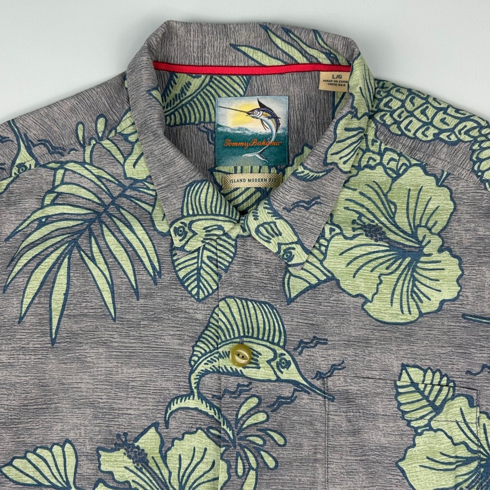Tommy Bahama Mens Large Silk Island Modern Fit Marlin Tropical Floral Shirt Grey